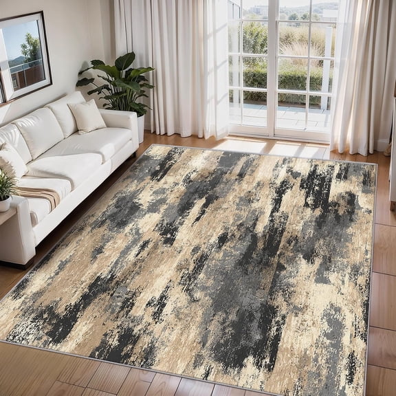 Modern Distressed Abstract Area Rugs, Black Beige Pattern Carpet, Washable Non Slip Low Pile Soft Rug for Living Room Bedroom Home Office Decor Mat 2x3ft