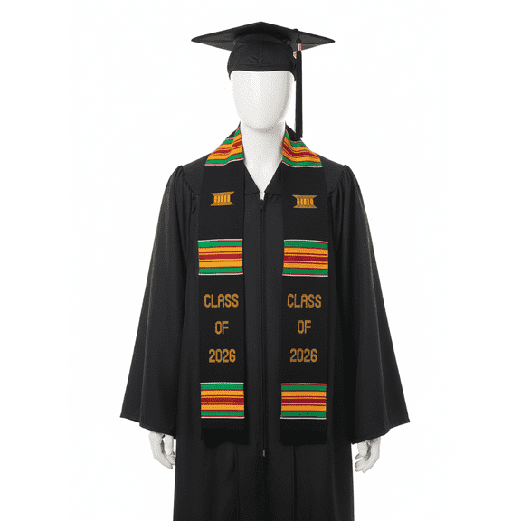 CLASS OF 2026 Black Graduation Stole Sash African Kente Cloth with Gold Green Red Accents
