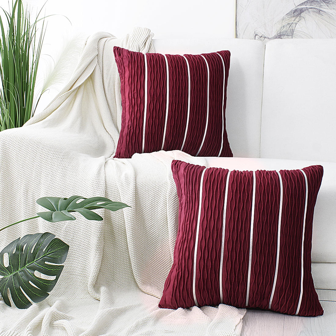 PiccoCasa 2Pcs 20 x 20 Inch Jacquard Striped Velvet Throw Pillow Covers, Wave Cushion Covers for