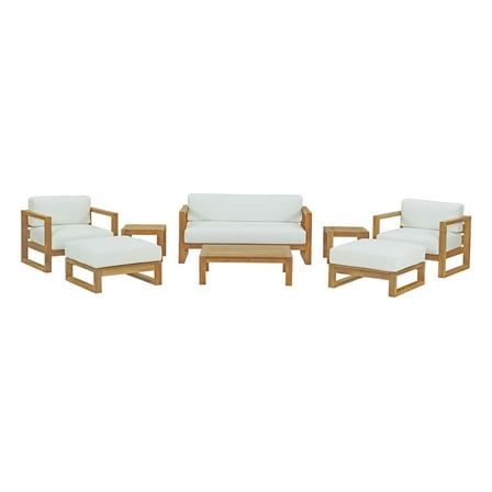 Lounge Sectional Sofa Chair Table Set, White Natural, Teak Wood, Fabric, Modern Contemporary, Outdoor Patio Balcony Cafe Bistro Garden Furniture Hotel Hospitality