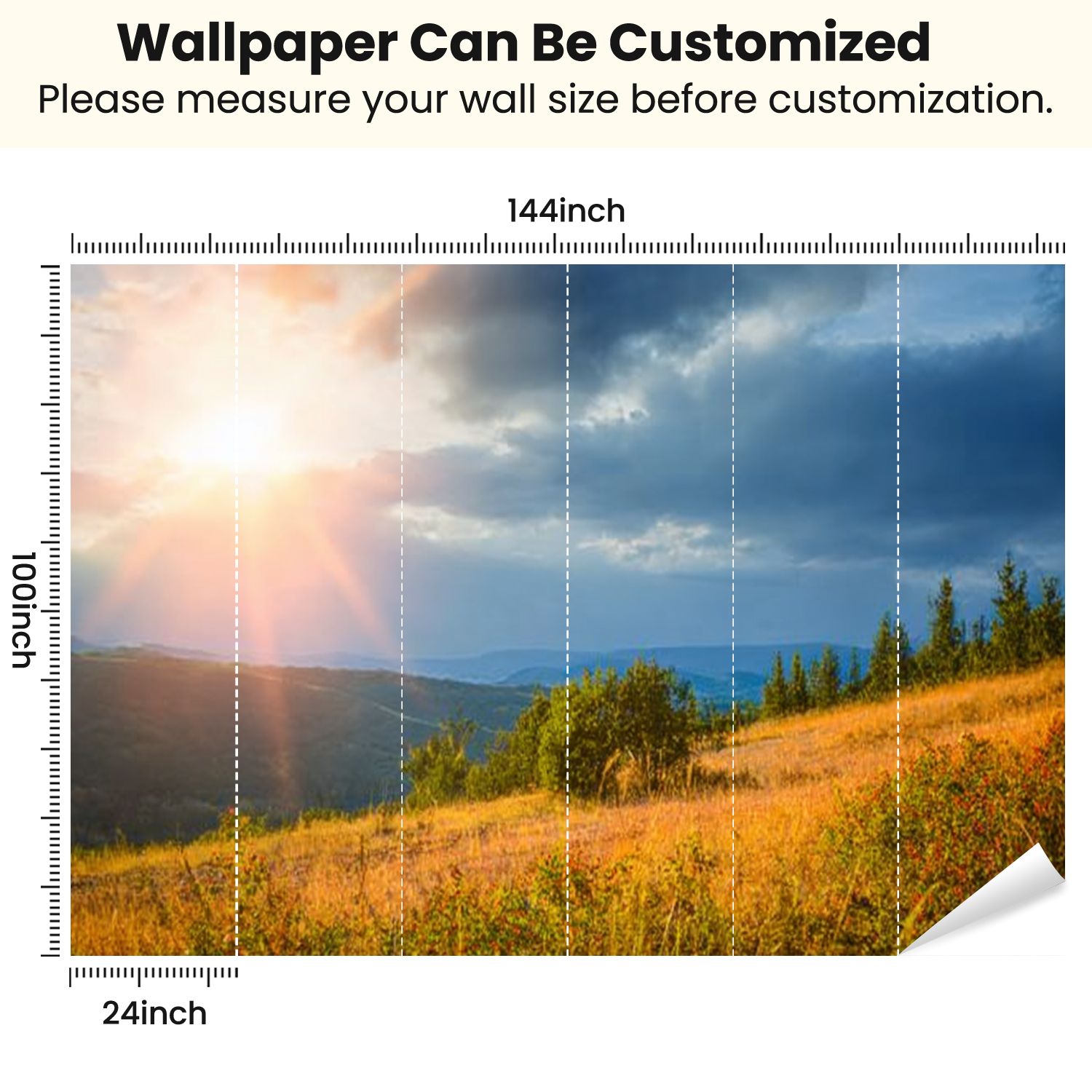 Peel and Stick Wallpaper Sunrise Carpathian mountains grassy meadows forested hill Wide photo Modern Art Wall Mural Decor Self Adhesive and Removable 100in x 144in