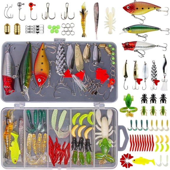 GOANDO Fishing Lures, 78pcs Fishing Gear Included Tackle Box for Bass/Saltwater/Trout/Worms, Fishing Gifts for Men