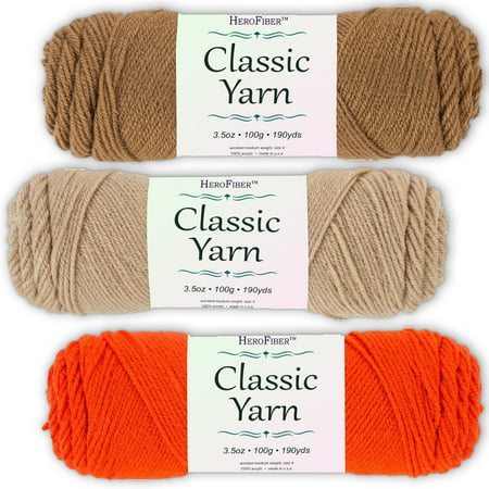 Soft Acrylic Yarn 3-Pack, 3.5oz / ball, Brown Warm + Brown Tan + Tangerine. Great value for knitting, crochet, needlework, arts & crafts projects, gift set for beginners and pros