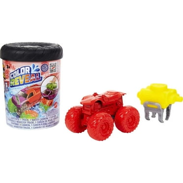 Hot Wheels Monster Trucks Color Reveal Truck, 1:64 Scale Color- Shifting Toy Truck with 2 Cups, Lid & Crushed Car Water Blaster