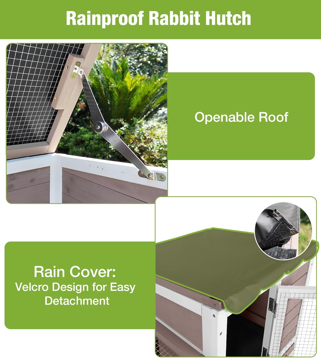 MEDEHOO Duplex Rabbit Hutch Indoor with Chew-Proof Frame & 2 Leak-Proof Sliding Trays, Rain Cover, Wooden Guinea Pig Cages with Wheels - Brown