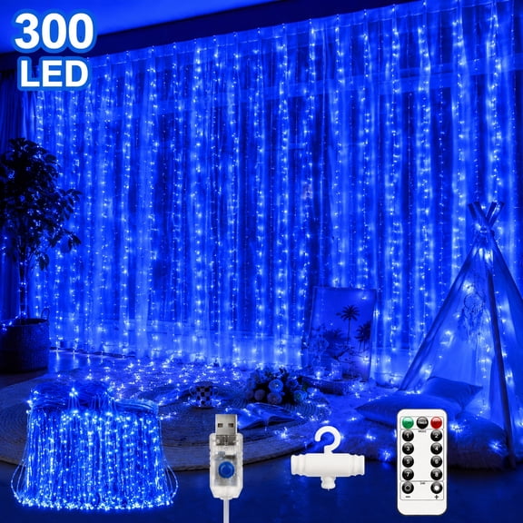Deally 300 LED Blue Fairy Curtain Lights, 9.8ft x 9.8ft String Lights, USB Plug in 8 Lighting Modes Christmas String Hanging Lights with Remote for Bedroom Indoor Outdoor Party Xmas Blue 1 Pack