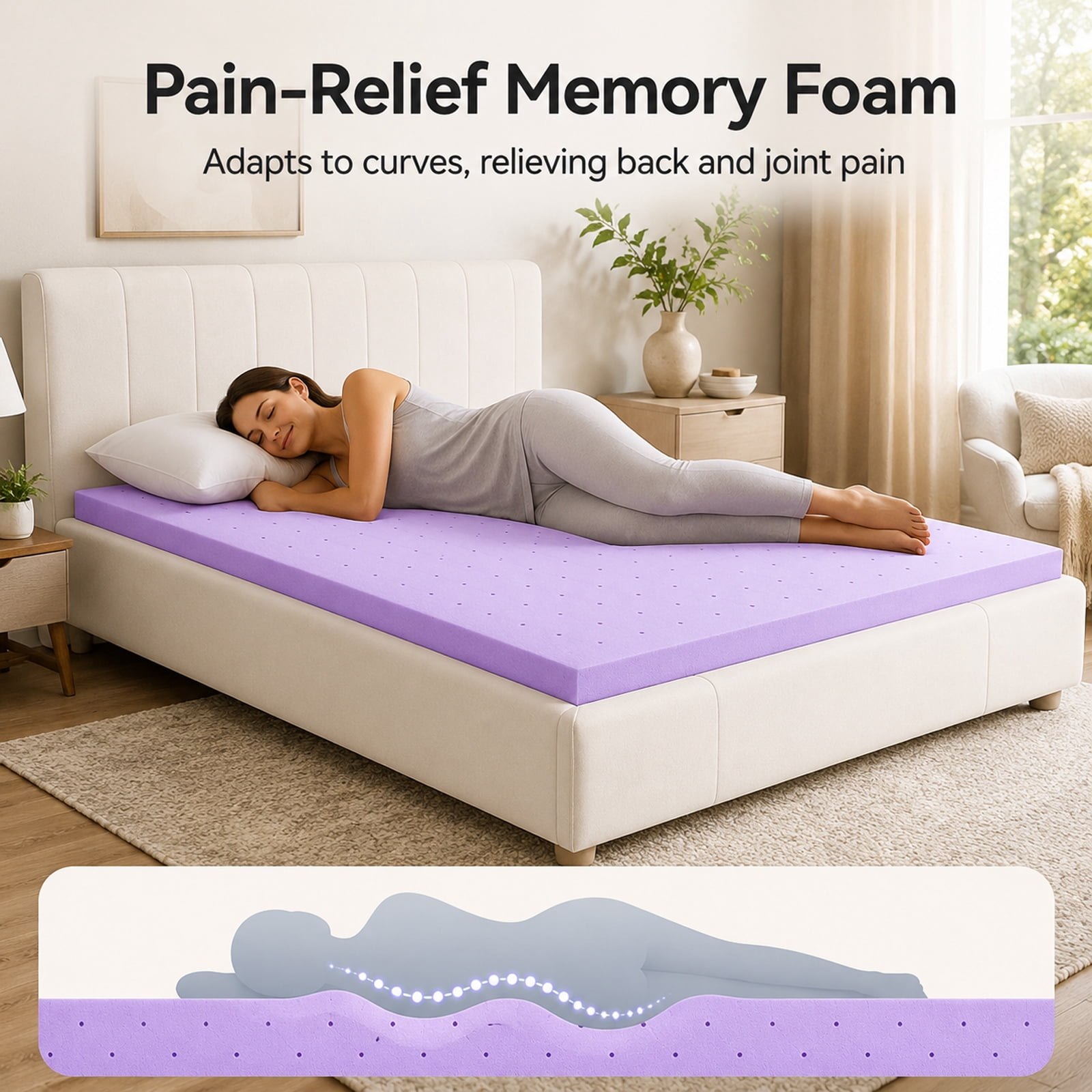 Alvantor 1.5 Inch Cooling Gel Memory Foam Mattress Topper Pressure Relief Pad, Ventilated Design Bed Topper, Purple