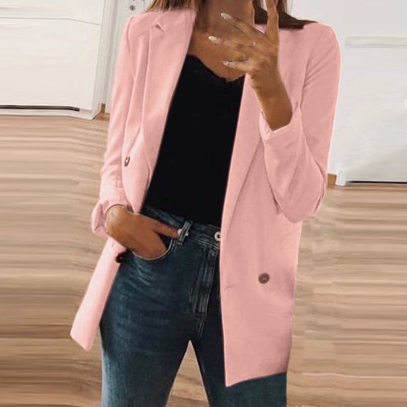 YANHAIGONG Womens Double Breasted Blazers for Work Professional Plus Size Double Breasted Blazer Casual Lightweight Solid Color Suit Long Sleeve Work Office Jacket
