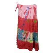 Mogul Womens Tie Dye Red Wrap Skirt Floral Embroidered Boho Style Rayon Skirts