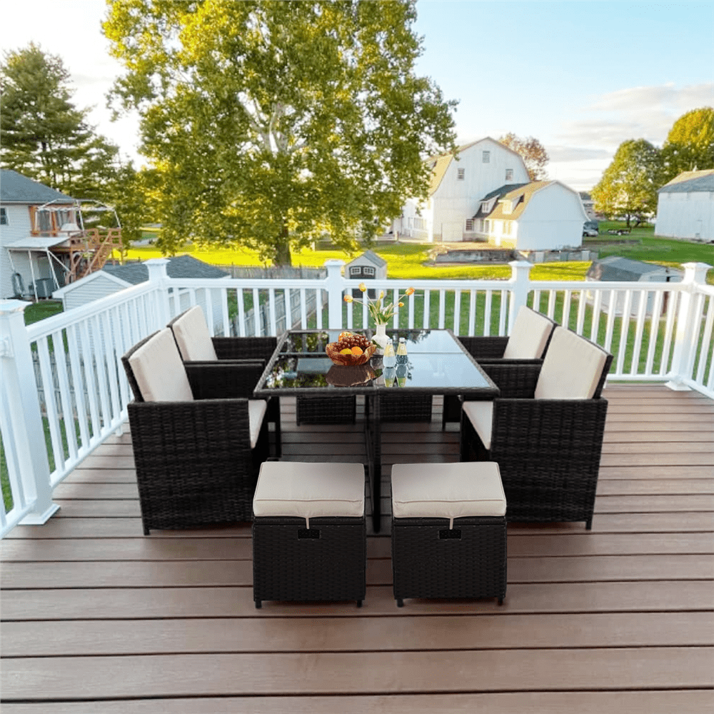 Renwick 9-Piece Patio Dining Set with Rattan Chairs, Table and Ottomans, Black/Beige