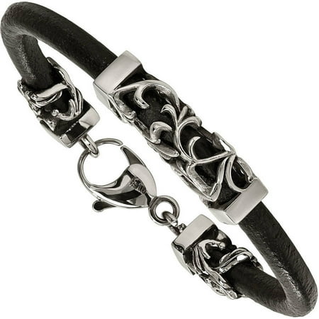 Primal Steel Stainless Steel Polished Antiqued Filigree Black Leather Cord Bracelet
