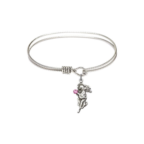 6 1/4 inch Oval Eye Hook Bangle Bracelet w/ Guardian Angel medal charm w/ Rose Swarovski Crystal