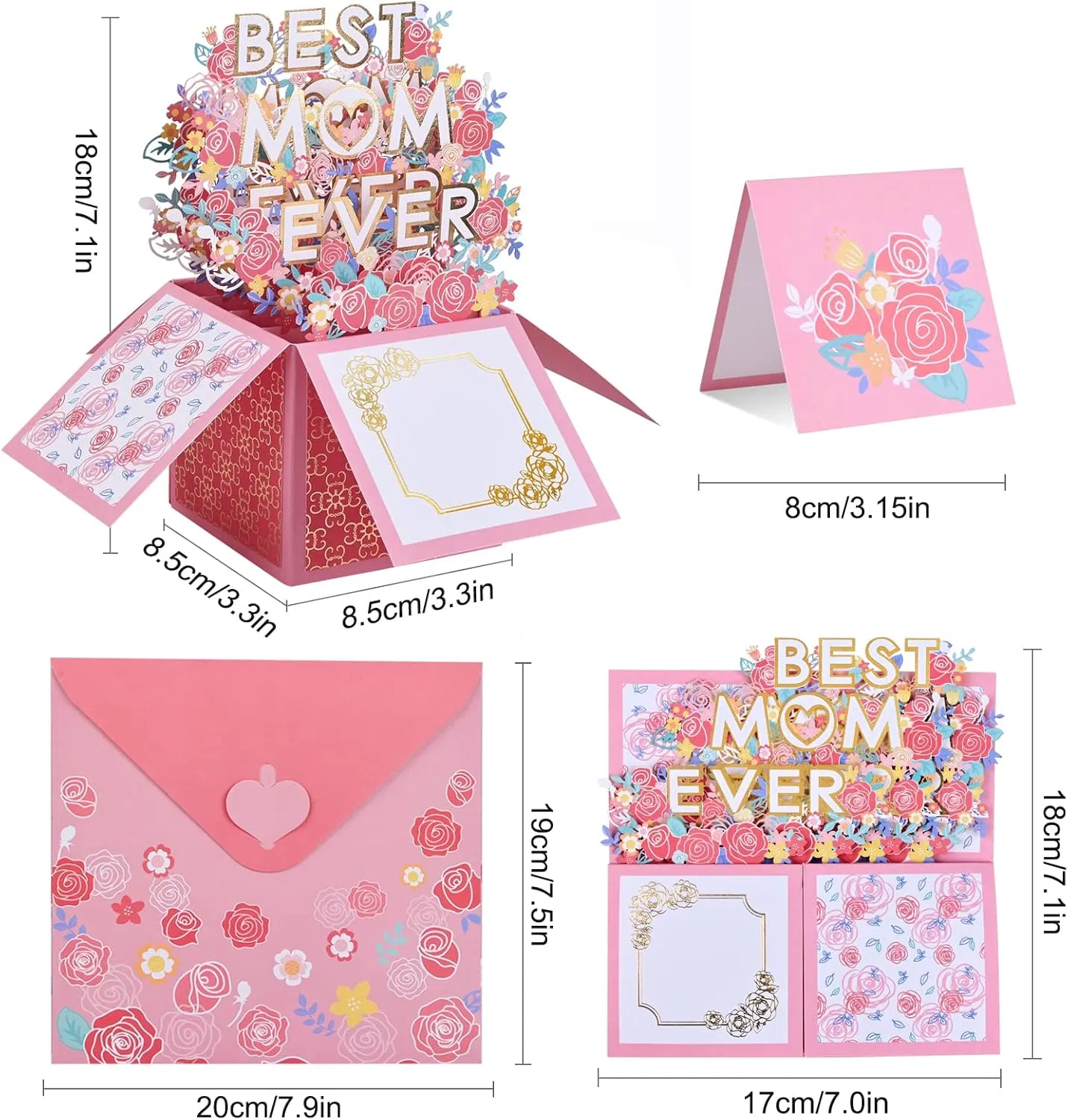 Pink 3D Pop-Up Mother’s Day Card, Best Mom Ever Flower Greeting Card with Envelope & Notecard for Mom Birthday