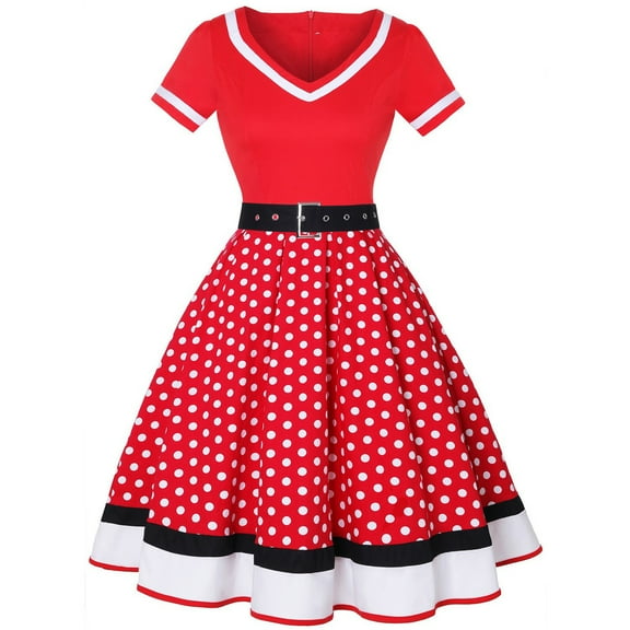 Jamsmile Womens Rockabilly Dress Vintage 1950s Short Sleeve V Neck Polka Dots Wedding Knee Length Party Swing Dress