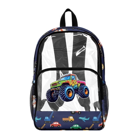 COEQINE Large Clear Backpack for School 17 Inch See Through Boys Bookbag for Teen College, Heavy Duty PVC Backpack for Work Travel, Casual Daypack for Concert Stadium, Colorful Monster Truck