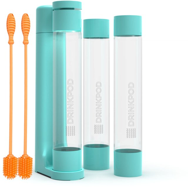 Fizzpod Home Soda Maker Carbonatador de agua con gas con 3 botellas y 2 cepillos para botellas (azul Aruba)