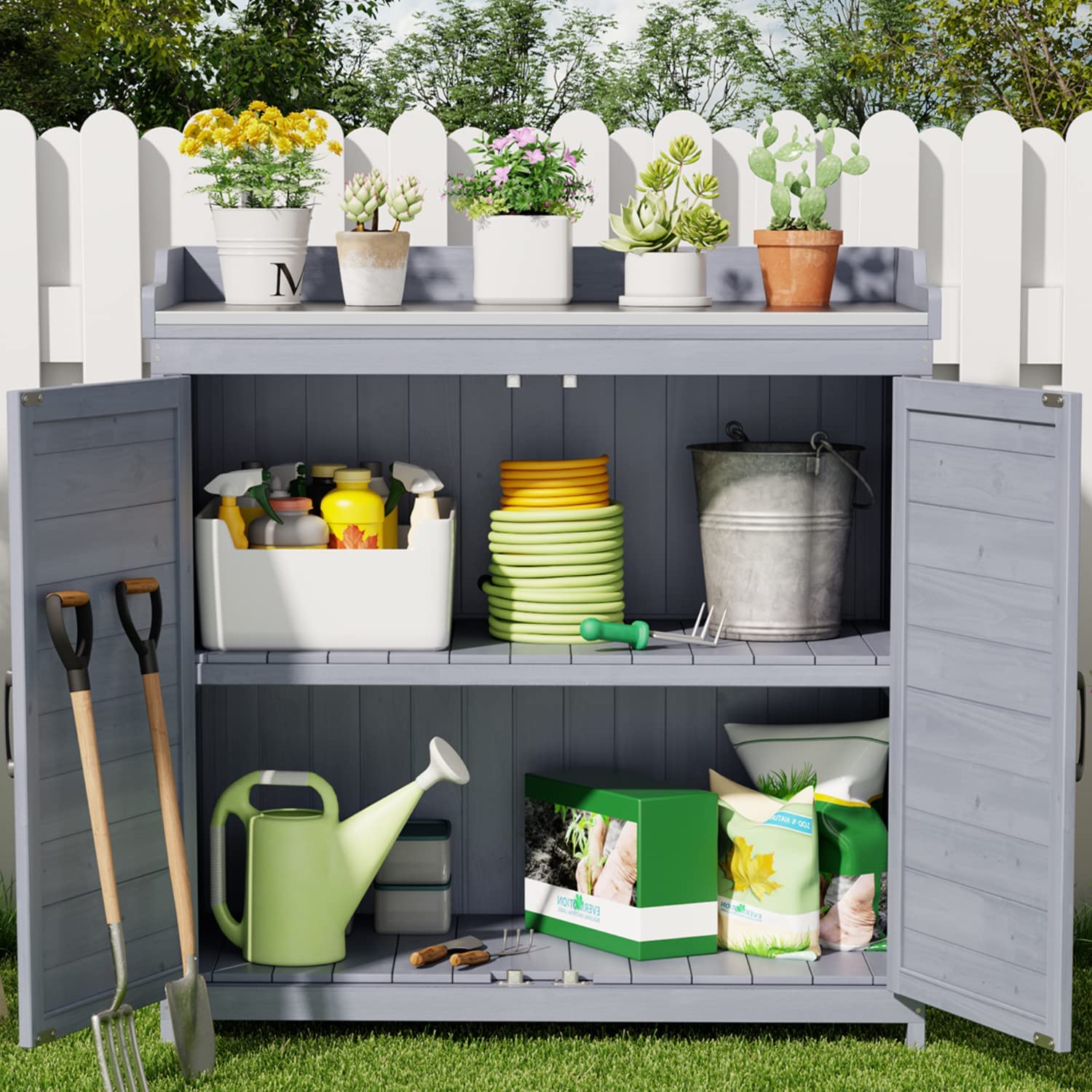 Lofka Outdoor Garden Patio Wooden Storage Cabinet with Potting Benches, Gray - image 2 of 8