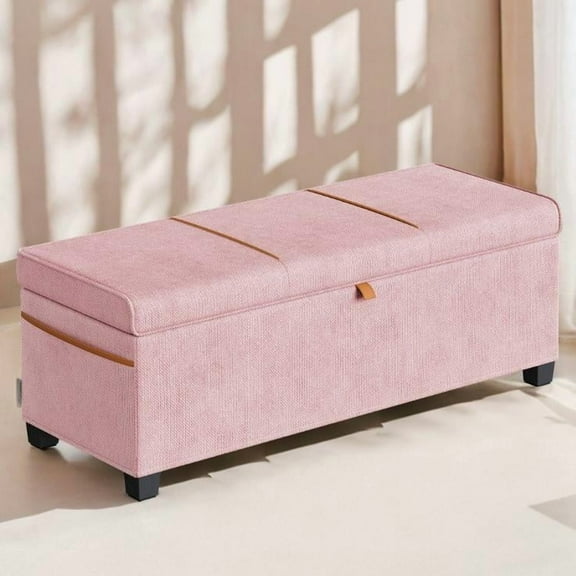 SONGMICS HOME 43.3" Storage Ottoman Bench 27 Gal (103 L) Capacity End-of-Bed Bench Ottoman with Storage for Bedroom Jelly Pink