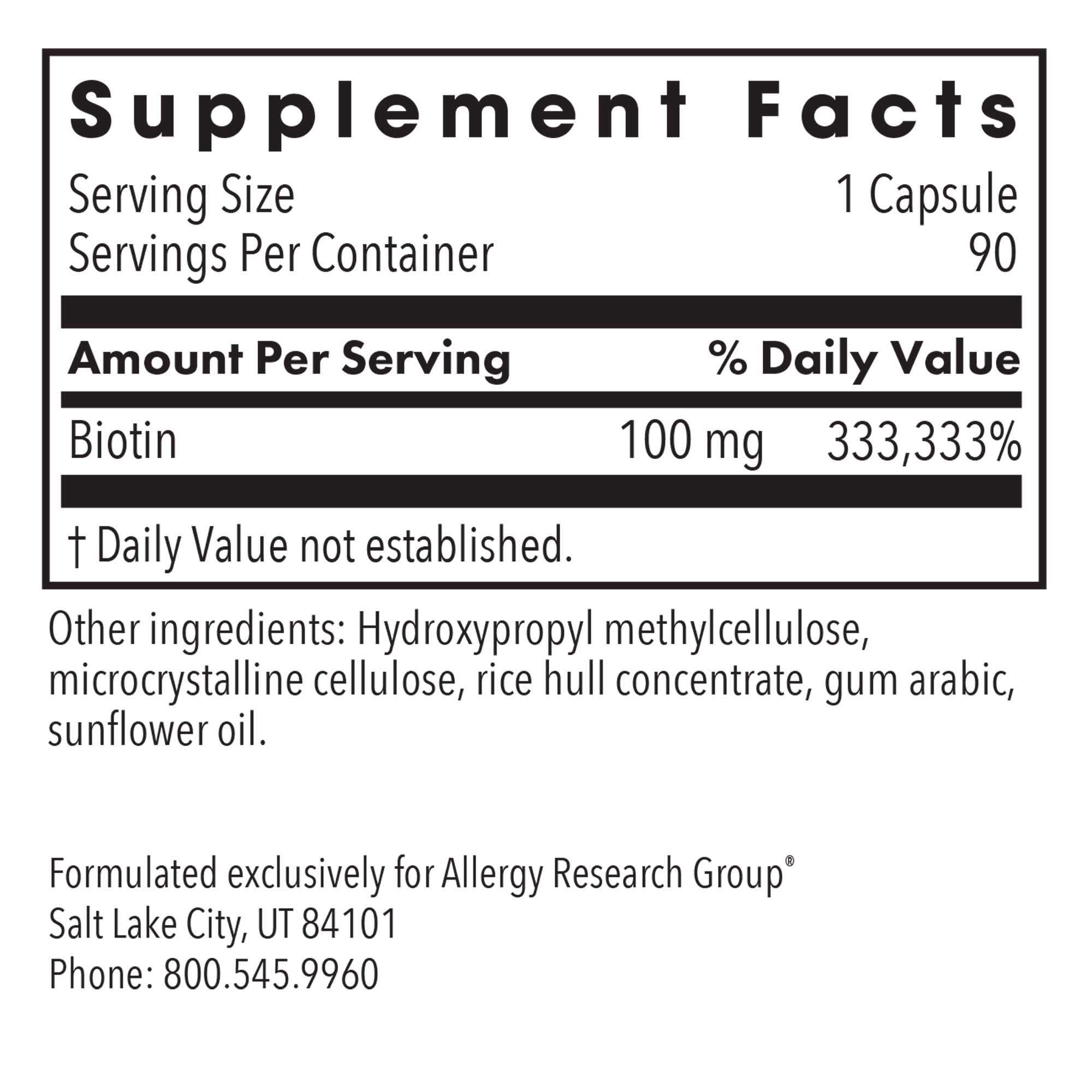 ARG HiBiotin - 100 mg Biotin - Supports Energy Metabolism, Neurological Health & Myelin Synthesis - Hypoallergenic - 90 Servings - 90 Capsules