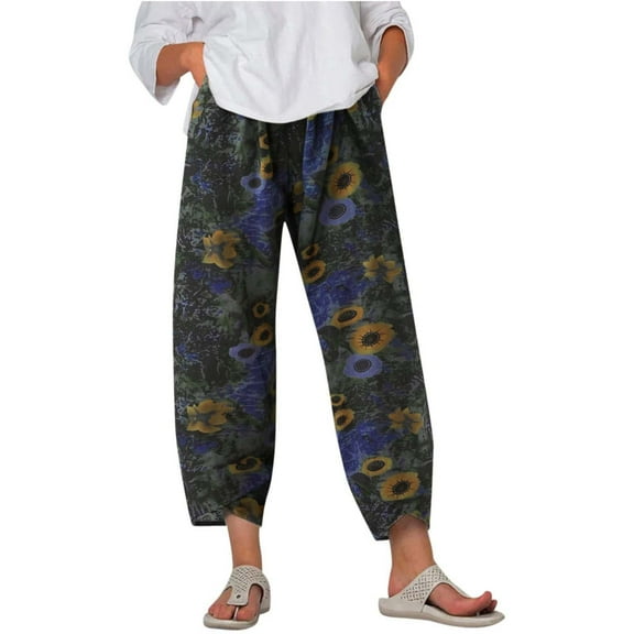 Lilgiuy Women's Fashion Casual Linen Printed Striped Cropped Trousers Splicing Straight Leg Pants Pencil Pants for Hiking Biker Golf