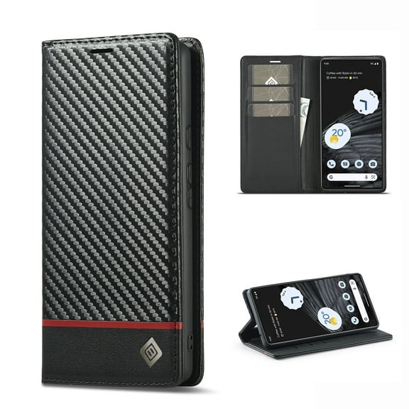 Nalacover Wallet Case for Google Pixel 7, Carbon Fiber Premium PU Leather Magnetic Closure Soft Silicone Shockproof Flip Cover with Kickstand Credit Card Slots Holder Folio Case,Black (Horizontal)