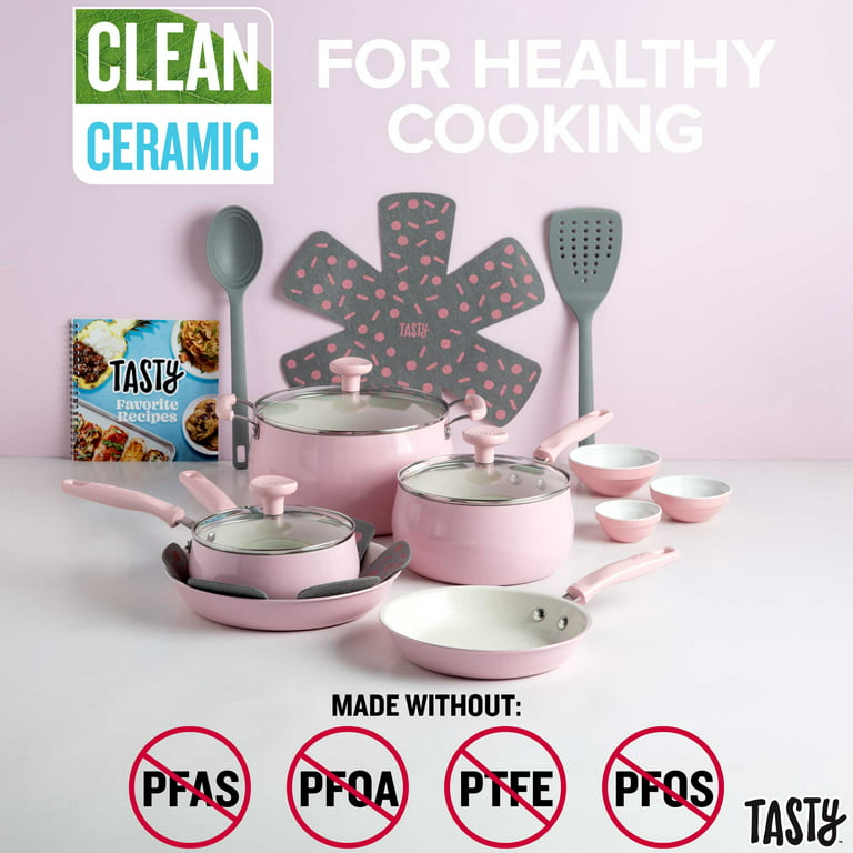 Tasty Clean Ceramic 16 Piece Non-Stick Aluminum Cookware Set, Pink