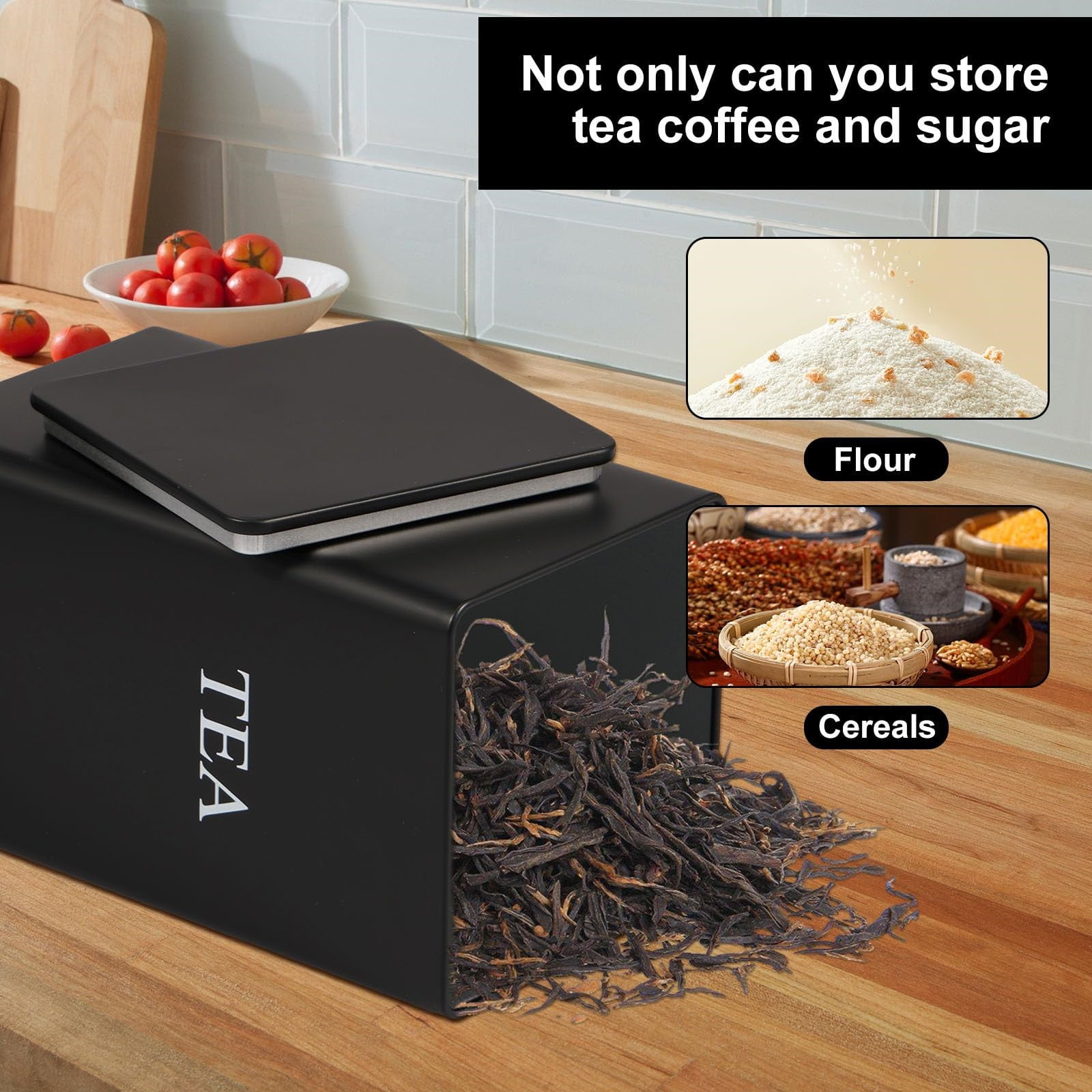 3 Pcs Coffee Tea Sugar Container Set, 1000 ml Metal Vintage Kitchen Canister Set with Airtight Lids, Food Storage Container Jars for Kitchen Counter, Farmhouse Home Tabletop Decor(Black,3.3x3.3x5.9")