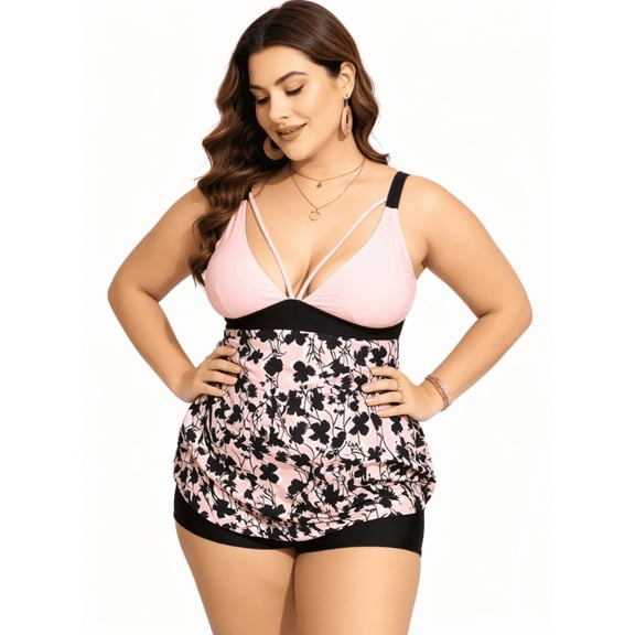 Plus Size Tankini Swimsuits for Curvy Women Summer Beach Two Piece Bathing Suits Ladies Flowy Tank Top with Boyshorts