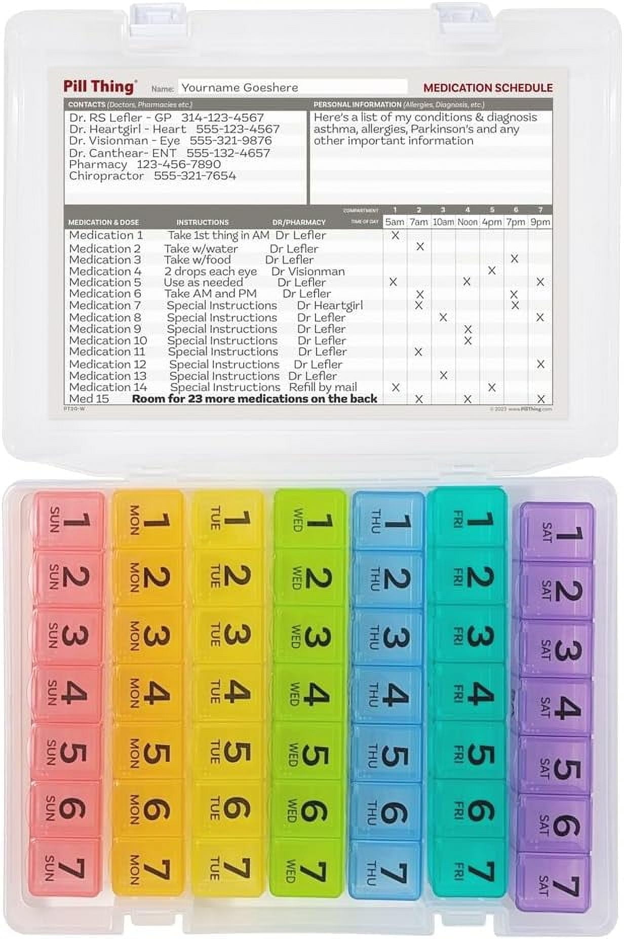 Pill Thing 7-Day Weekly Pill Box Organizer Case, Secure Small Travel Container with Medication Schedule