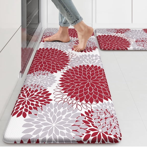 Anti Fatigue Kitchen Mats for Floor 2PCS,17"x47" 17"x29" Farmhouse Dahlia Kitchen Rugs Non Slip Rubber Backing,Waterproof Cushioned Standing Mat for Office,Laundry,Sink,Desk,Red