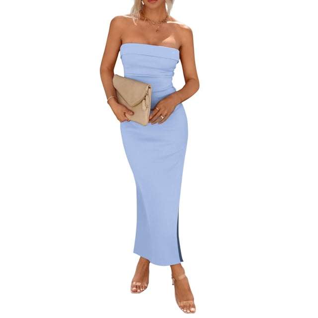 Vestido Strapless Maxi Tubo Ajustado PRETTYGARDEN Azul Claro XXL