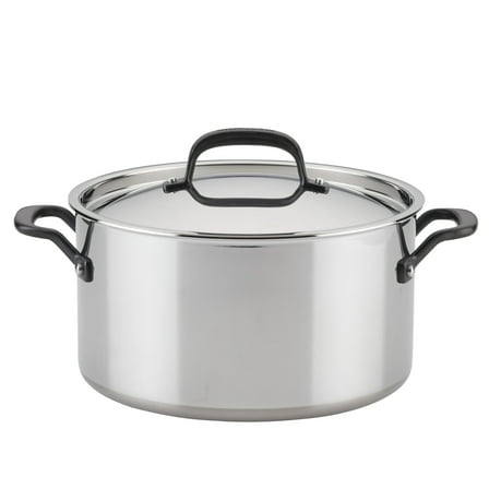 KitchenAid 5-Ply Clad 8 Quart Stainless Steel Stockpot with Lid, Induction Compatible, Dishwasher Safe, Metal Utensil, Broiler and Oven Safe to 500°F, Polished Stainless Steel