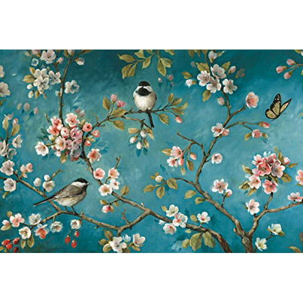 Beautiful Turquoise Cherry Blossom, Bird and Butterfly Print by Lisa ...