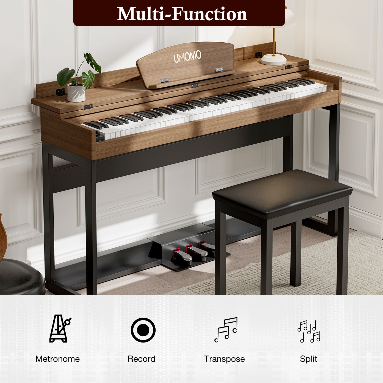 UMOMO 88 Key Digital Piano Keyboard, Full Size Electric Piano with Piano Metal Stand, Headphone Jack, 3 Pedal, Electronic Piano for Beginner, Adults, Walnut