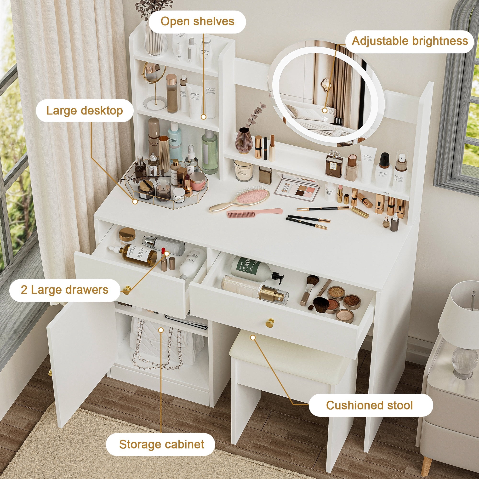 Alvantor Makeup Vanity Desk with Mirror and Lights, Adjustable Brightness Dressing Table with Cushioned Chair, White