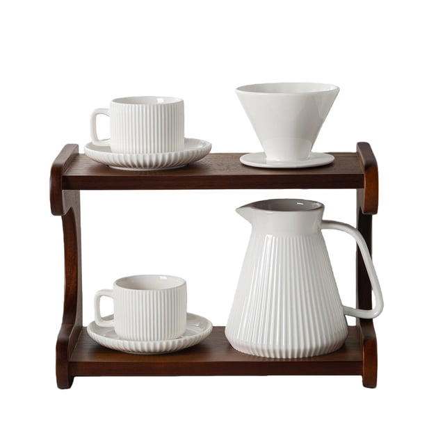 AYUCIA Pour Over Coffee Maker Set, 22OZ Ceramic Pour Over Coffee Dripper with Acacia Wood Stand and 5OZ Cups and Saucers Set of 2, Size 02