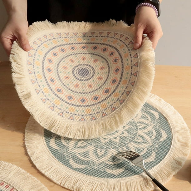 Cheers US Round Placemats,Boho Tassels Table Mats Cotton Woven Heat