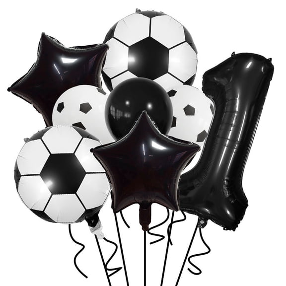 Soccer Themed Number Balloon Set - 32" Black Number 1 Balloons with Soccer & Star Foil Balloons for Theme Birthday Party Decorations