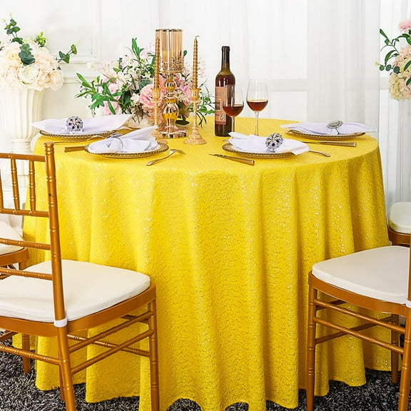 Wedding Linens Inc. 120" Round Sequin Taffeta Tablecloth - Canary Yellow