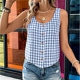 thumbnail image 2 of IYYVV Gingham Tops for Women Spring Summer Cotton Sleeveless Tank Top Casual Beach Cute Plaid Button Down Shirts Blouses Light Blue S, 2 of 7