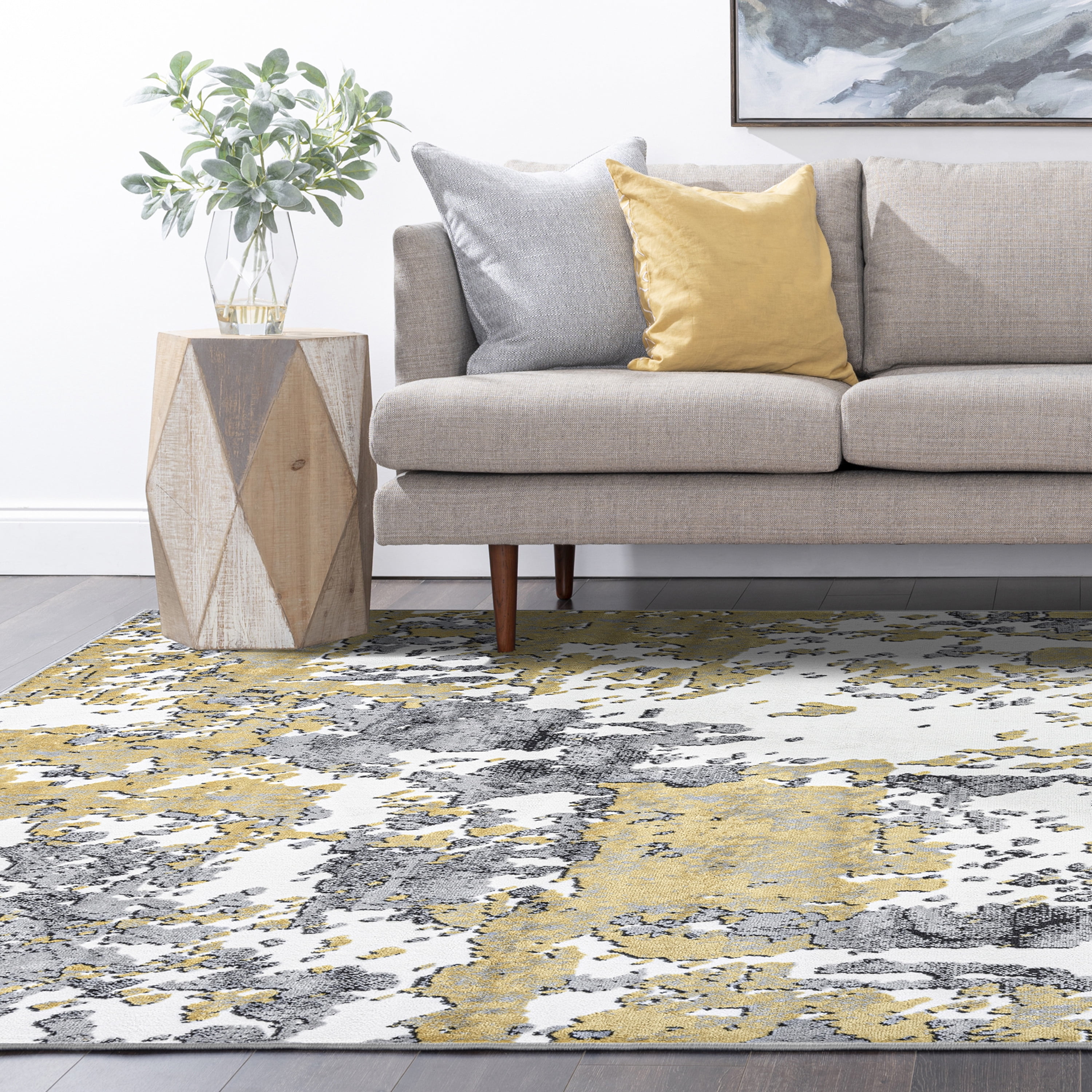 Contemporary 8x10 Area Rug (7'11'' x 10'3'') Abstract Yellow, Gray Living Room Easy to Clean