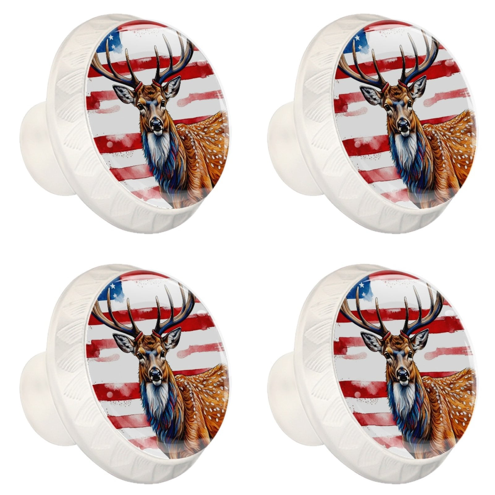 4 Pcs Deer and American Flag Knobs for Kitchen Cabinet Cupboard Dresser Bookcase Drawer Pulls Handles Round Home Decor