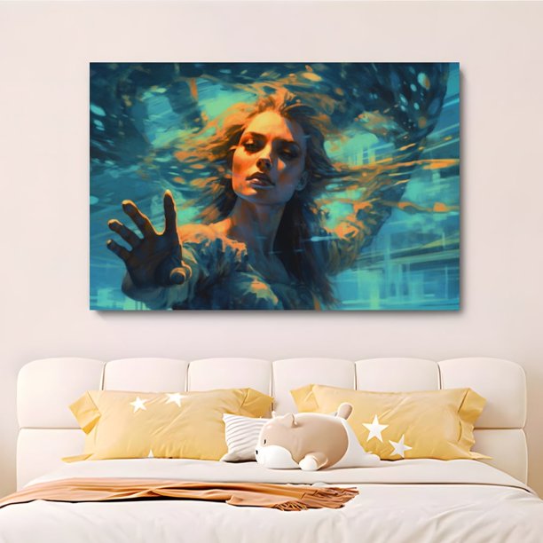 Póster de lienzo con una mujer estirada con la mano bajo el agua, decoración para dormitorio, paisaje deportivo, decoración para oficina, regalo, estilo marco, 12 x 18 pulgadas (30 x 45 cm)