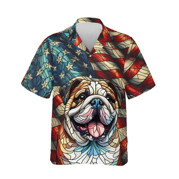 Patriotic Bulldog Stained Glass Portrait American Flag Hawaiian Shirt Breathable Summer Unisex Merch Dog Lover Gifts Idea - 01010
