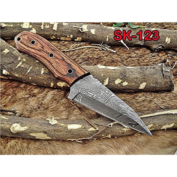 8.5" Long Hand Forged Damascus Steel Skinning Knife, 4.5" Full Tang Blade, 2 Tone Brown Wood Scale with 4 Inserting Holes, Cow Hide Leather Sheath with Belt Loop
