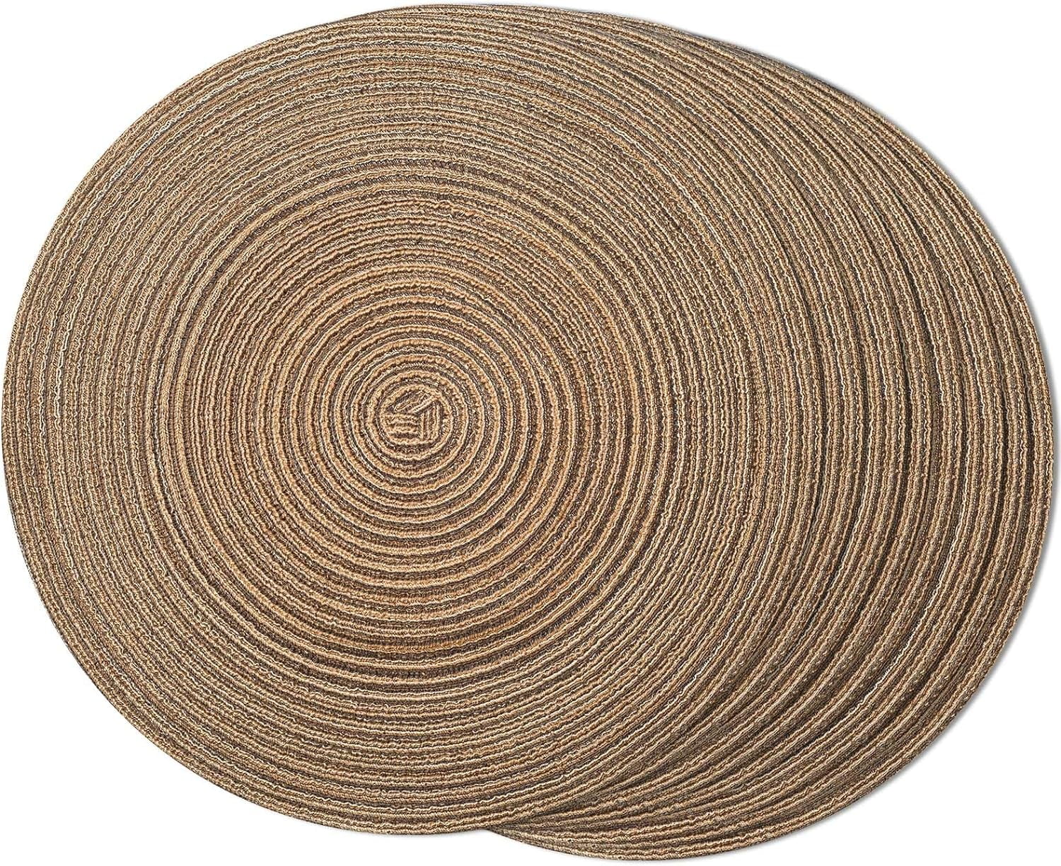 Round Braided Placemats Set of 8 Place mats for Dining Tables Woven Heat Resistant Table Mats 15 inch for Fall (E Brown, 8pcs)