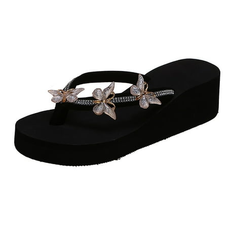 

XIAQUJ Ladies Fashion Summer Flip Flops Casual Rhinestone Butterfly Sandals Slippers for Women 2024 Beige 7.5