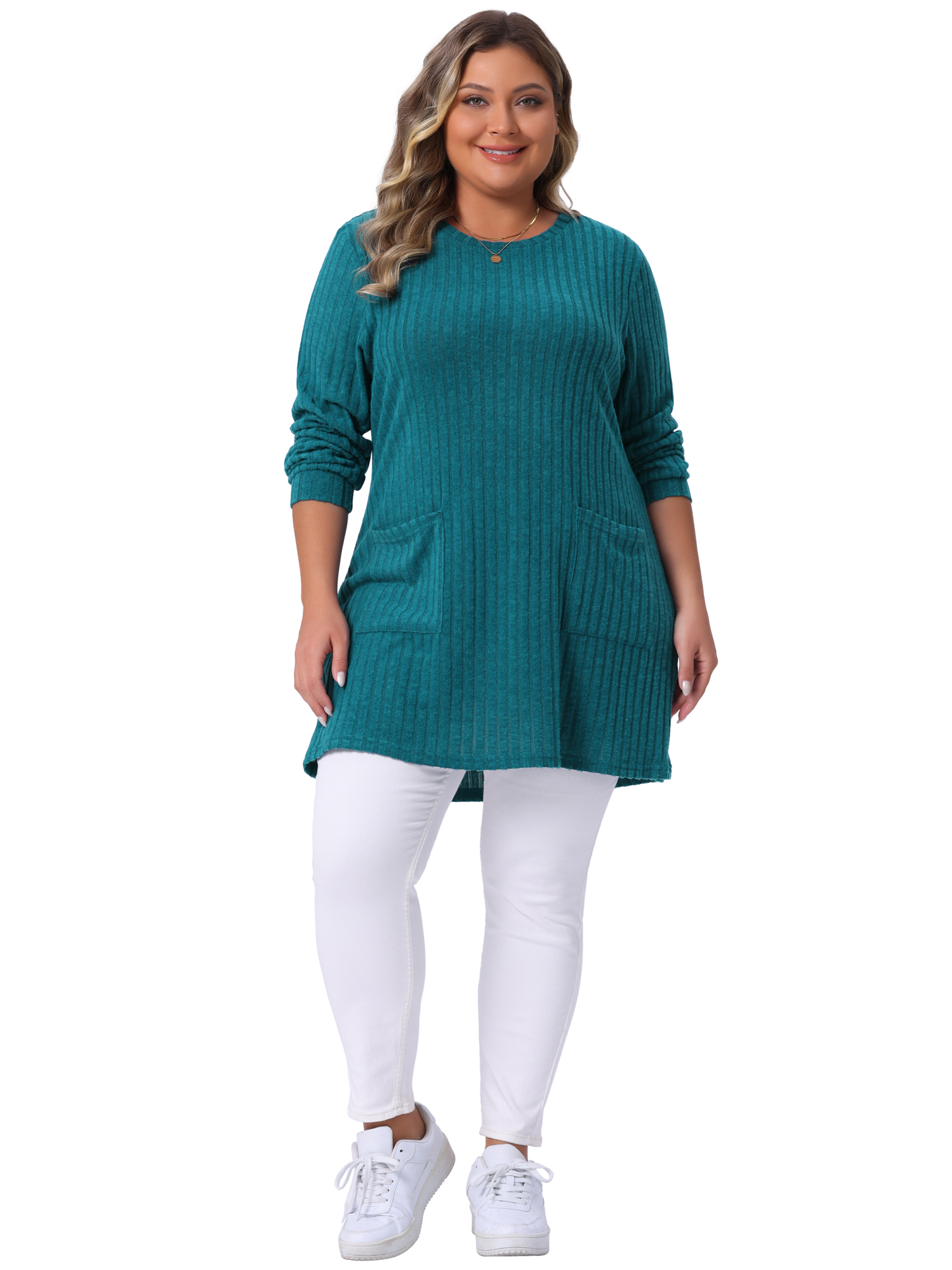DARING DIVA Plus Size Sweaters Round Neck Knit Loose Pocket Pullover Top 3X Lake Blue