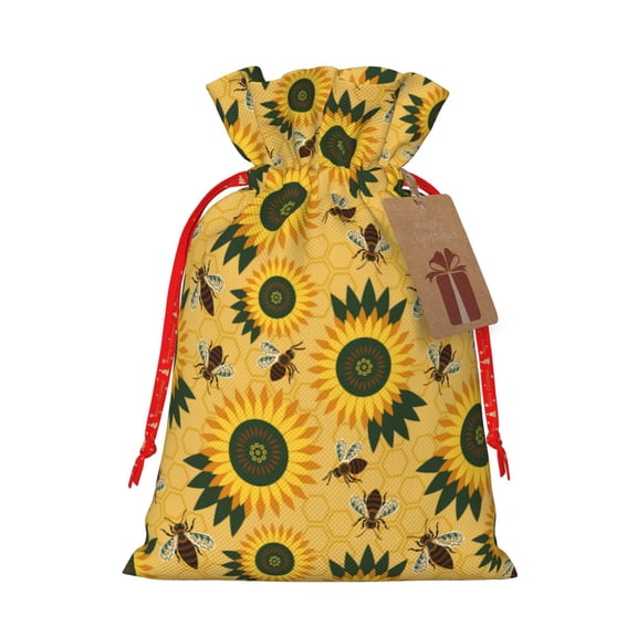 Xecao Bees and Sunflowers Print Burlap Gift Bags with Drawstring and Gift Tags, Gift Bags, Burlap Bags, Jute Bags for Party, Christmas, DIY Craft Bags-Small