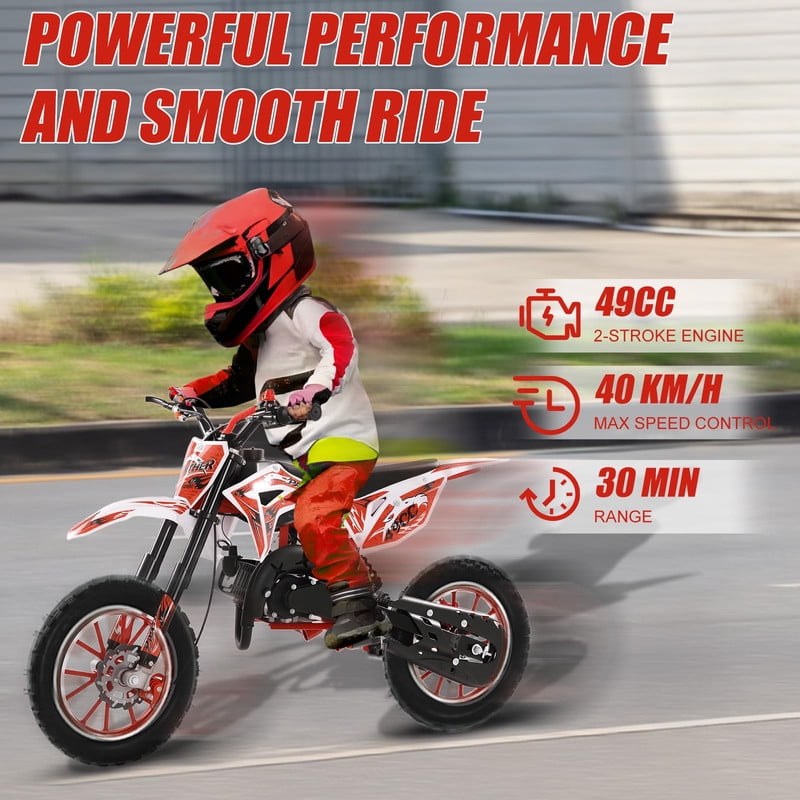 49cc High Power Kids Dirt Bike, 2-Stroke Mini Motorcycle Gas Powered Trail Bike - Mini Dirt Bikes with Hydraulic Shock Absorbers 220LBS Capacity 12-18 Miles Range 40KM/H